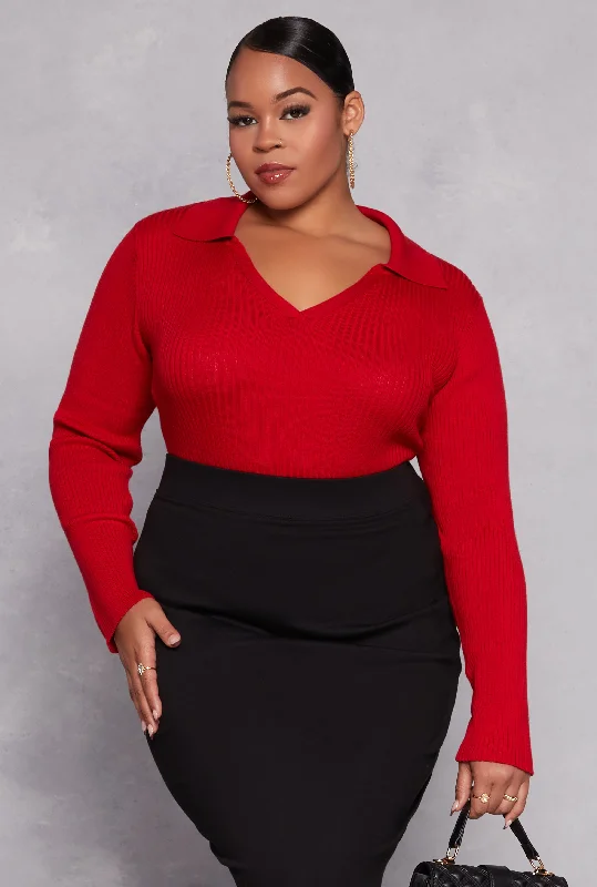 Plus Size Johnny Collar Long Sleeve Sweater