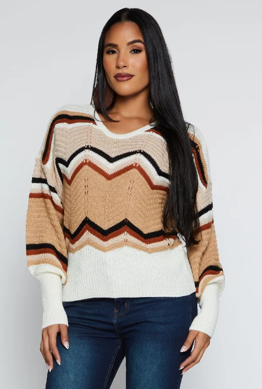 Chevron Pointelle Caged V Back Sweater