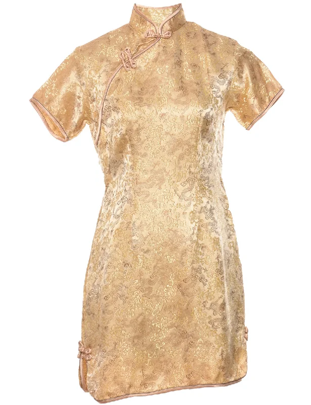 Floral Pattern Gold Traditional Evening Dress - M